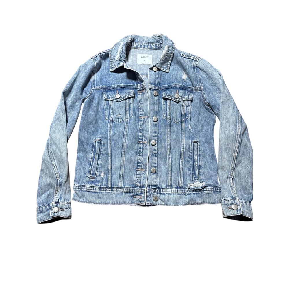 Old Navy Womens M Light Blue Distressed Button Up Denim Jacket